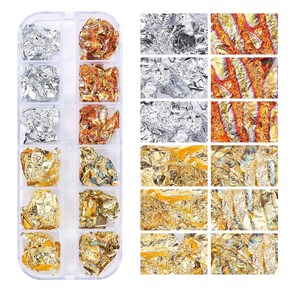 12 Grid Nail Art Gold Foil Paper Japanese Nail Art Highlight Gold And Silver Foil Fragments Box Diy Decorative Tin Foil Nail Sticker