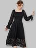 Women's Lace Trim Black Dress - European & American Style, Waist-Hugging, Long-Sleeved, Mid-Length