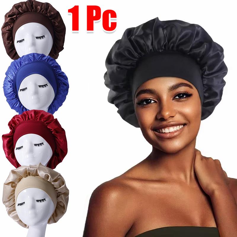 Women Satin Home Hair Shower Cap Comfortable Nightcap Casual Wide-brimmed Sleeping With Elasticated Floppy Band Cap Breathable
