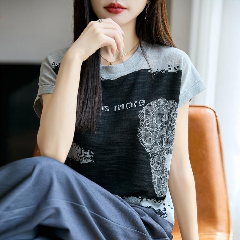 

Летний новый вязаный свитер с круглым вырезом, женские пуловеры с коротким рукавом и жаккардовым узором из букв в стиле колор-блок, базовый слой XXL серый