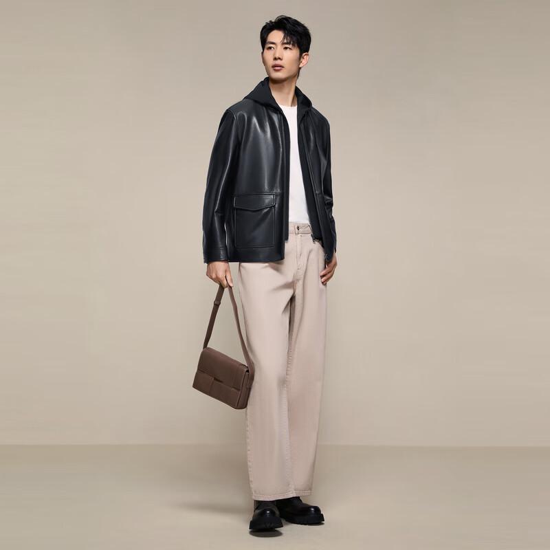 Septwolves Men's Detachable Hood Sheepskin Leather Jacket