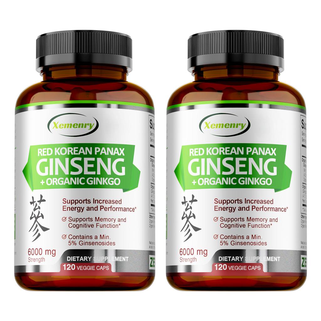 XEMENRY Capsule Organice de Ginseng, Potență 6000mg, cu Extract de Ginkgo Biloba, Formulă cu Potență Ridicată