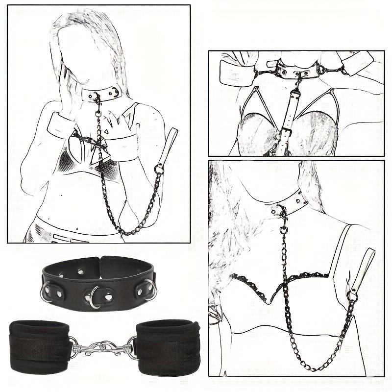 SM Sex Toy Hand Sex Toy with Traction Chain Black Faux Leather Body Restraint Tool Handcuffs and Collar Anal Metal Hook Prop
