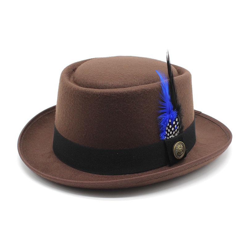 Men'S And Women'S Woolen Top Hats, Bowler Woolen Top Hats, Gentleman'S Jazz Hats, Black And Blue Feathers Czy-224