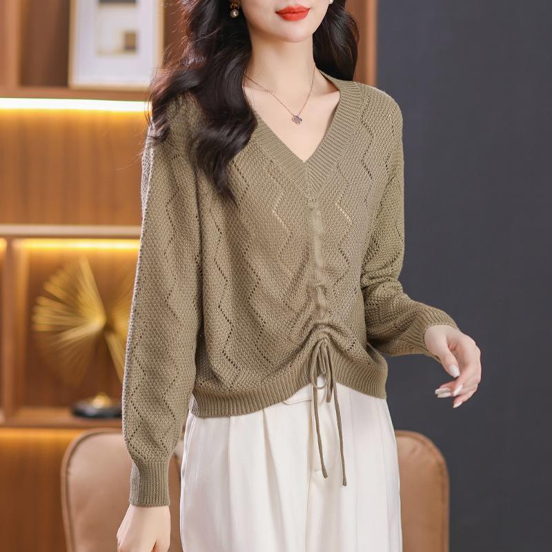 Fashion temperament drawstring top Hollow design Simple long-sleeved solid color v-neck knitted sweater Skinny women's summer