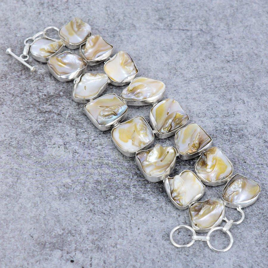 Biwa Pearl Gemstone 925 Sterling Silver Bracelet 7-8"
