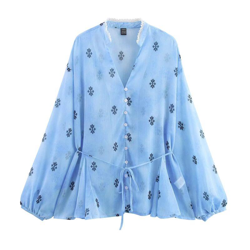 

Kaslead New Women clothes Western Style Fashion Simple Lace Waist Hugging Chiffon Long sleeve Shirts Blue XL