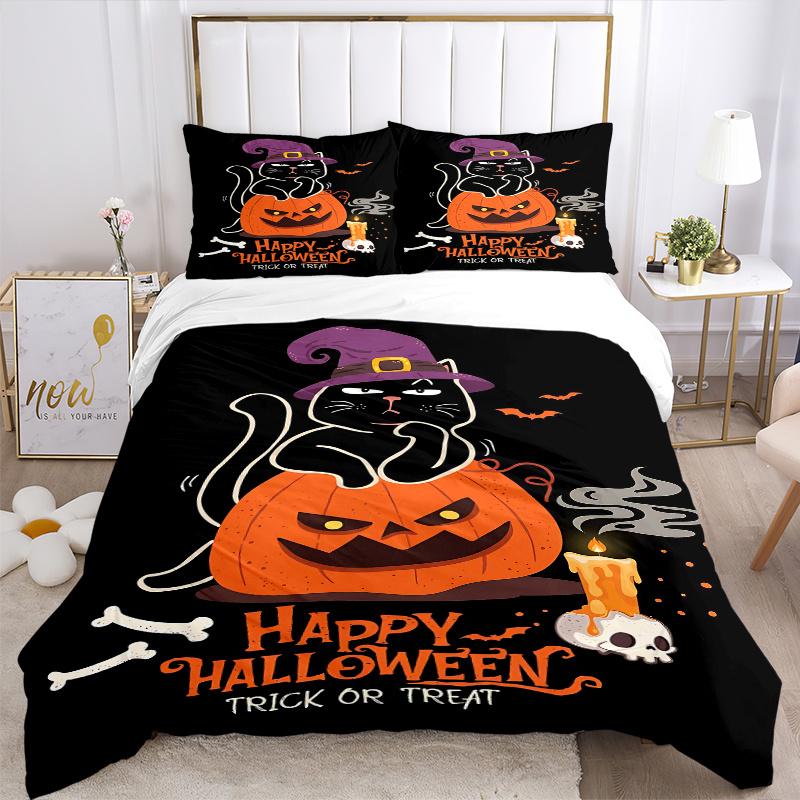 3pcs Trick or Treat Cat & Pumpkin Halloween Bedding Set - Includes Quilt Cover and Pillowcases, Suitable for All Seasons, Machine Washable -