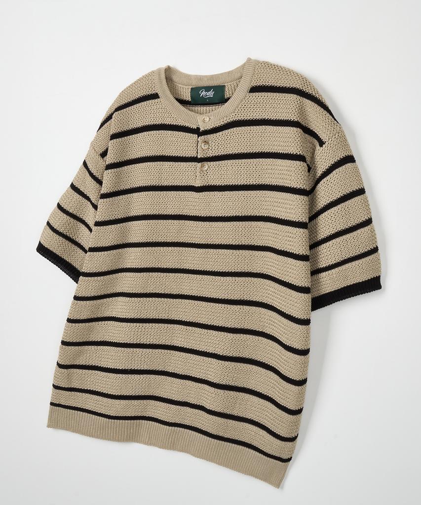 NODU Henley Neck Striped Short Sleeve Knit [3 Colors]