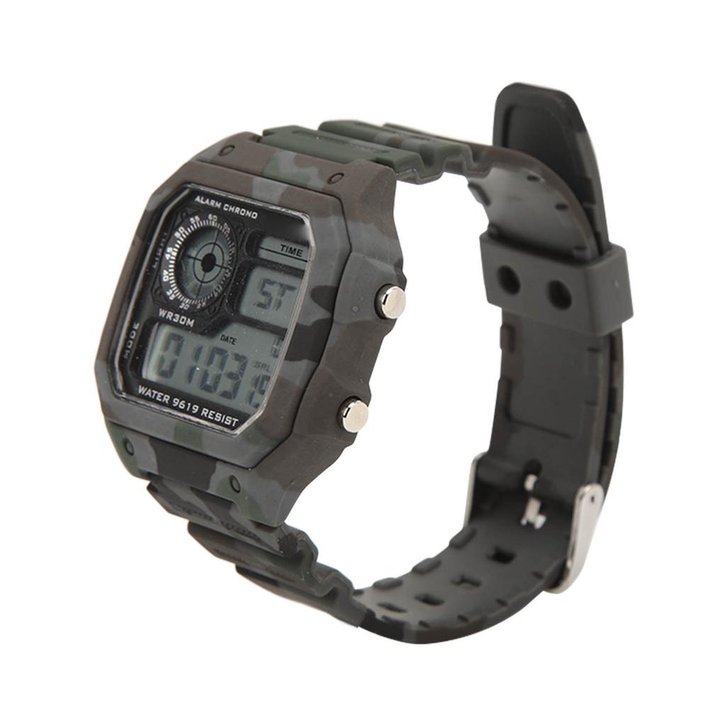 Digital Watch Multi Function Fashion Square Luminous Waterproof Outdoor Sports Chronograph Watch Camouflage Gray