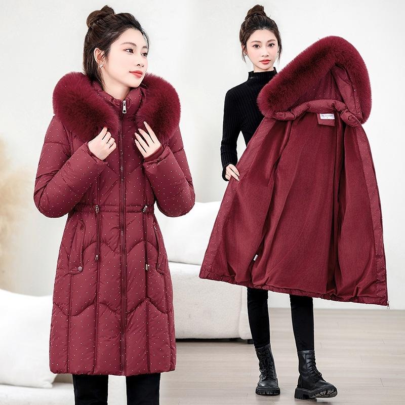 Big fur collar down cotton-padded clothes for women's winter new small cotton-padded coat, waist and thin medium and long cotton-padded jacket