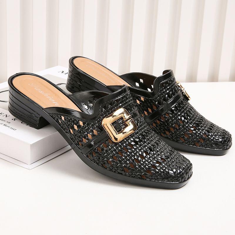 Outside Hollow Medium Heel Women's Slippers and Ladies Sandals on Beach Shoes Chic Elegant Low Price Original Stylish Pvc Slides