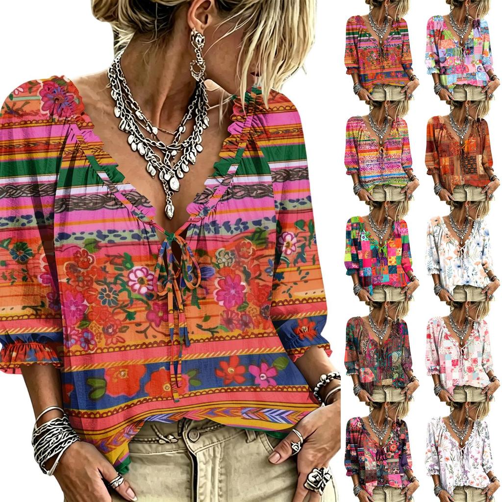 Women's Casual V-Neck Printed Tie Ruffle Blouse for Everyday Wear