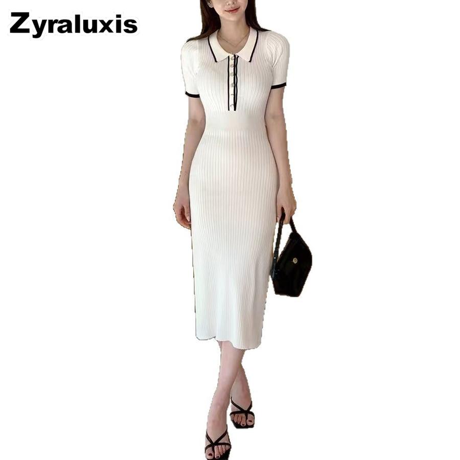 Korean Chic Retro Polka Dot Elastic Slim Fit High-Waisted Knit Bodycon Dress