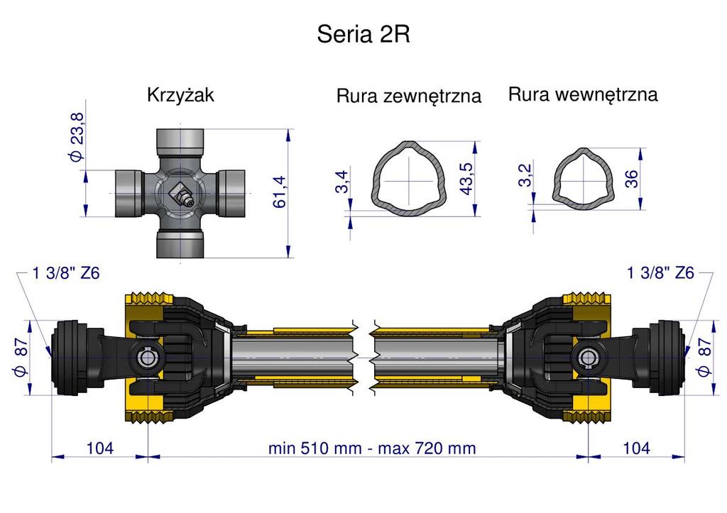 Kardanový teleskopický hřídel 510-720 mm 270 Nm 40210 Ce 2020 Řada 2R Waryński Wa25-51