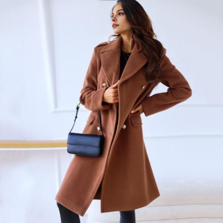 Winter Coat Women Double Breasted Overcoat Thermal Long Sleeves Loose Fit Turn Down Collar Pockets Pure Color Commuting Dating
