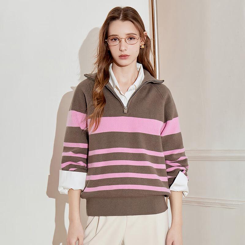 Chuyu Damen Gestreifter Reißverschluss Polokragen Langarm Strickpullover