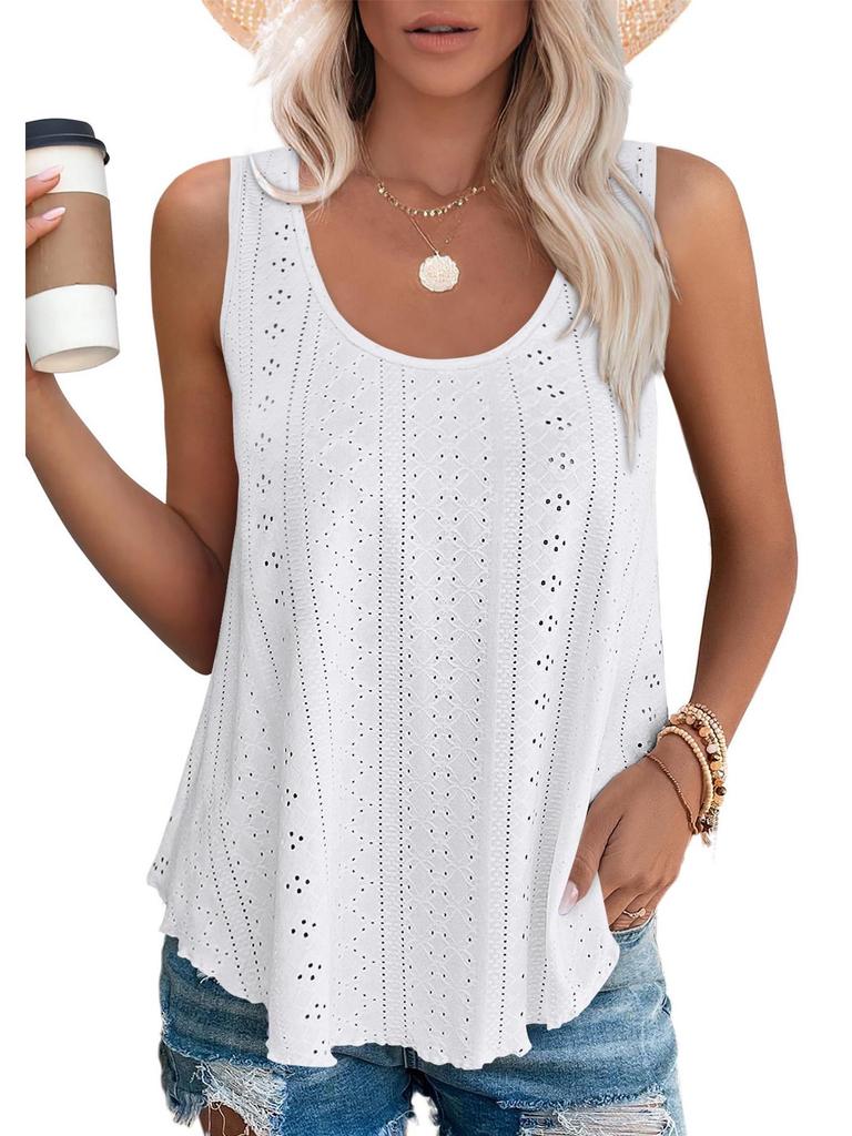 European & American Women's Summer Crew Neck Eyelet Sleeveless Tank Top T-Shirt