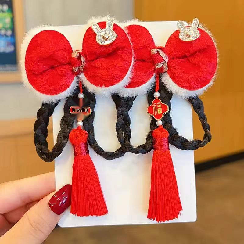 Children s Chinese New Year Red Bow Hair Clips with Tassels - Hanfu Style Accessories