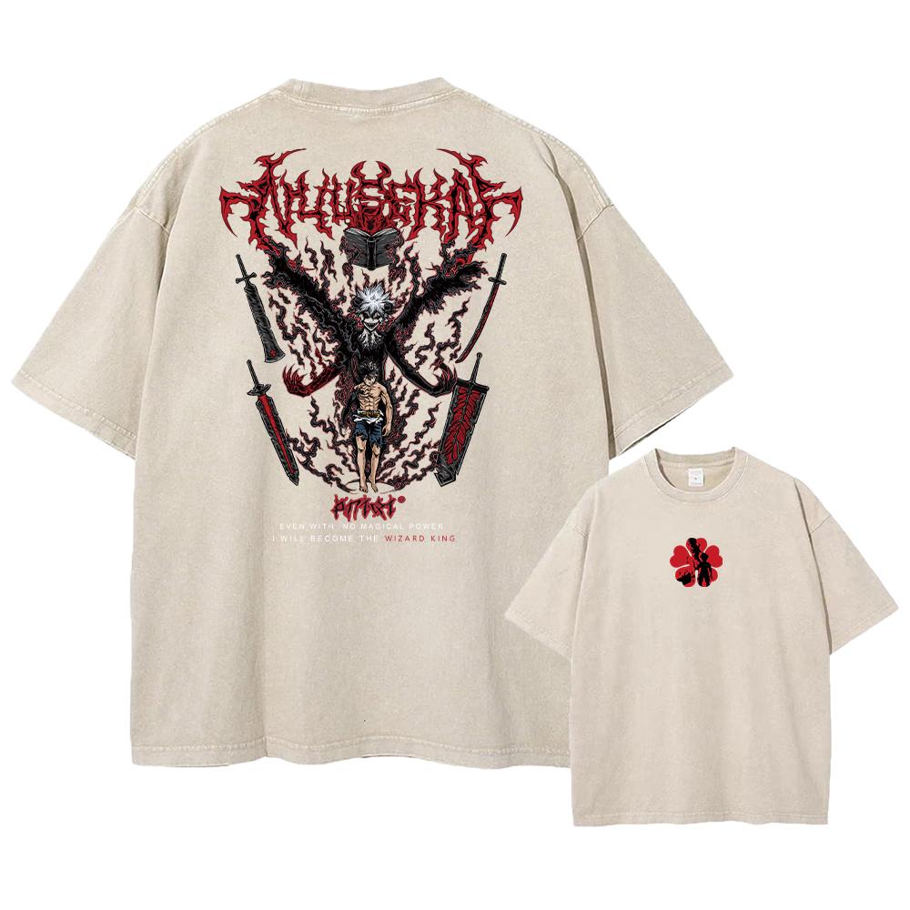 American Retro Black Clover Cartoon Printed Washed Cotton Y2k Retro Harajuku Style Round Neck T-Shirt Short Sleeve Men