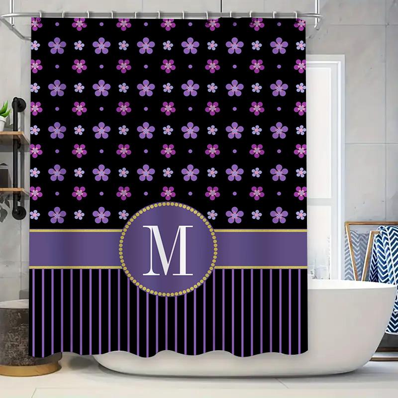 

Purple Flower Shower Curtain With A Custom Letter Monogram For Home Bathroom Decor Black And Purple Floral Pattern W60H190(CM)-1 Pcs