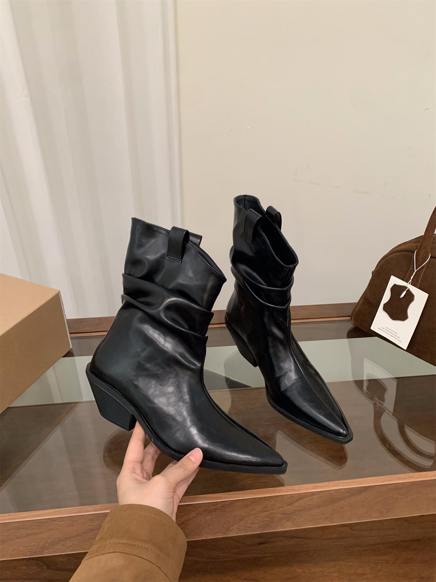 

High Heel Pointed Pile Medium Boots Martin Boots Women s Boots 2025 Fall/Winter Skinny Brown Western Cowboy Boots 35