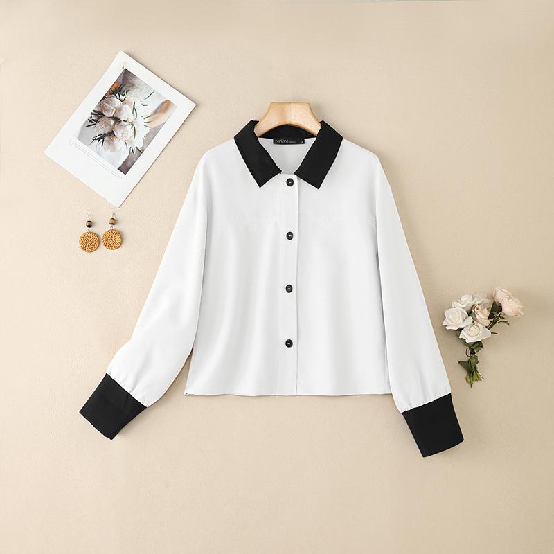 ZANZEA Bluză lejeră cu mânecă lungă, cu guler răsturnat pentru femei