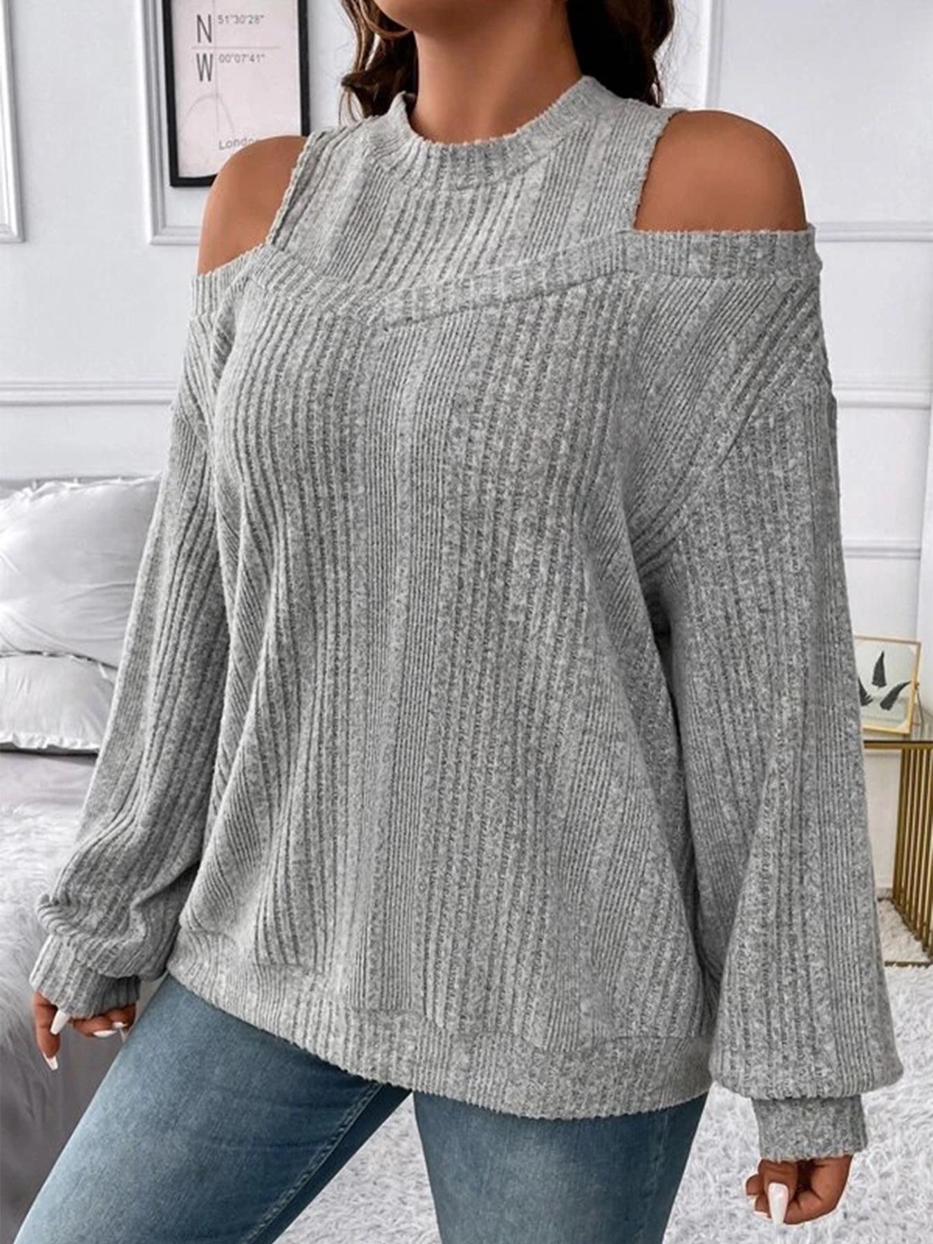 

2024 European & American Women’s Off-Shoulder Loose Knit Long Sleeve T-shirt - Casual Solid Color Fashion for Spring & Autumn Medium сірий колір