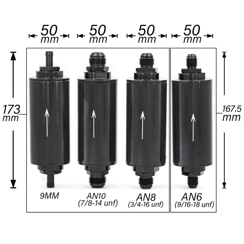 Filtre à carburant universel E85 haute performance en aluminium, débit élevé, 100 microns, nettoyable, raccords adaptateurs AN6, AN8, AN10 et 9 mm