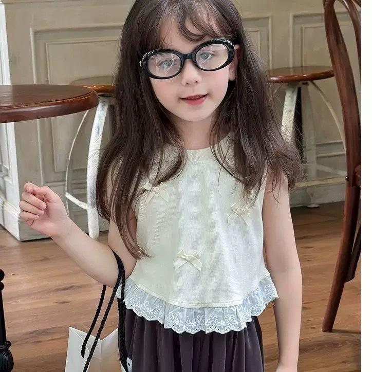 

Корейский топ-майка с бантом для девочек: Сладкое кружевное лоскутное платье без рукавов в летнем стиле 110cm грязно-белый