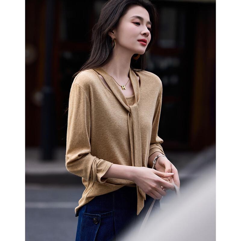 Women's Elegant Slim Fit Round Neck Ribbon Long Sleeve T-shirt