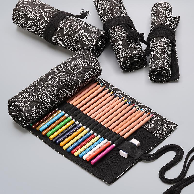 Large Capacity Roll-Up Canvas Pencil Case - Black Leaf, 12-72 Slots for Colored Pencils and Sketching Supplies