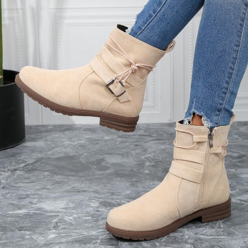 European American Plus Size Short Boots for Women 2024 New Retro Casual Side Zipper Belt Buckle Women's Boots Zapatillas Deporte