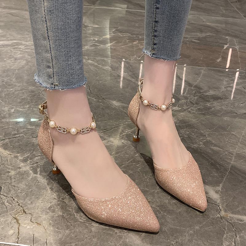 Fashion One Word Belt Pointed Toe High Heels Summer New Baotou Shallow Mouth Non-tiring Feet Thin Heel Ultra-soft Hollow Sandals