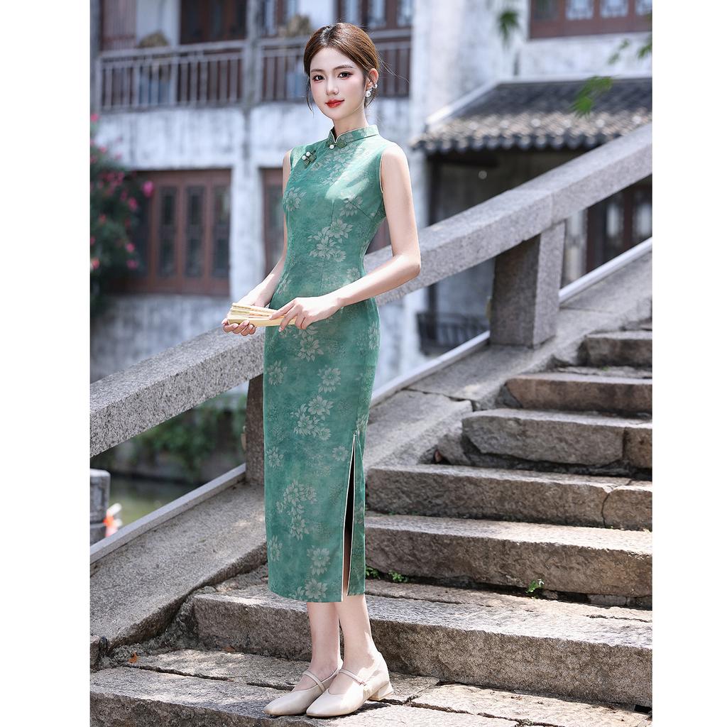 1011 Summer New Old Shanghai Green Sleeveless Retro Temperament Skinny Hong Kong Style Young Daily Casual Cheongsam Dress