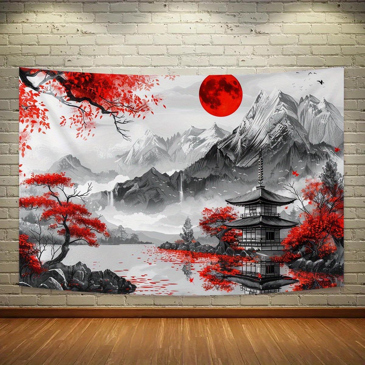 1 Japanese style landscape wall tapestry - Red Maple Leaf and Moon Mountain Flag - Multi functional home and party decoration 130x150cm