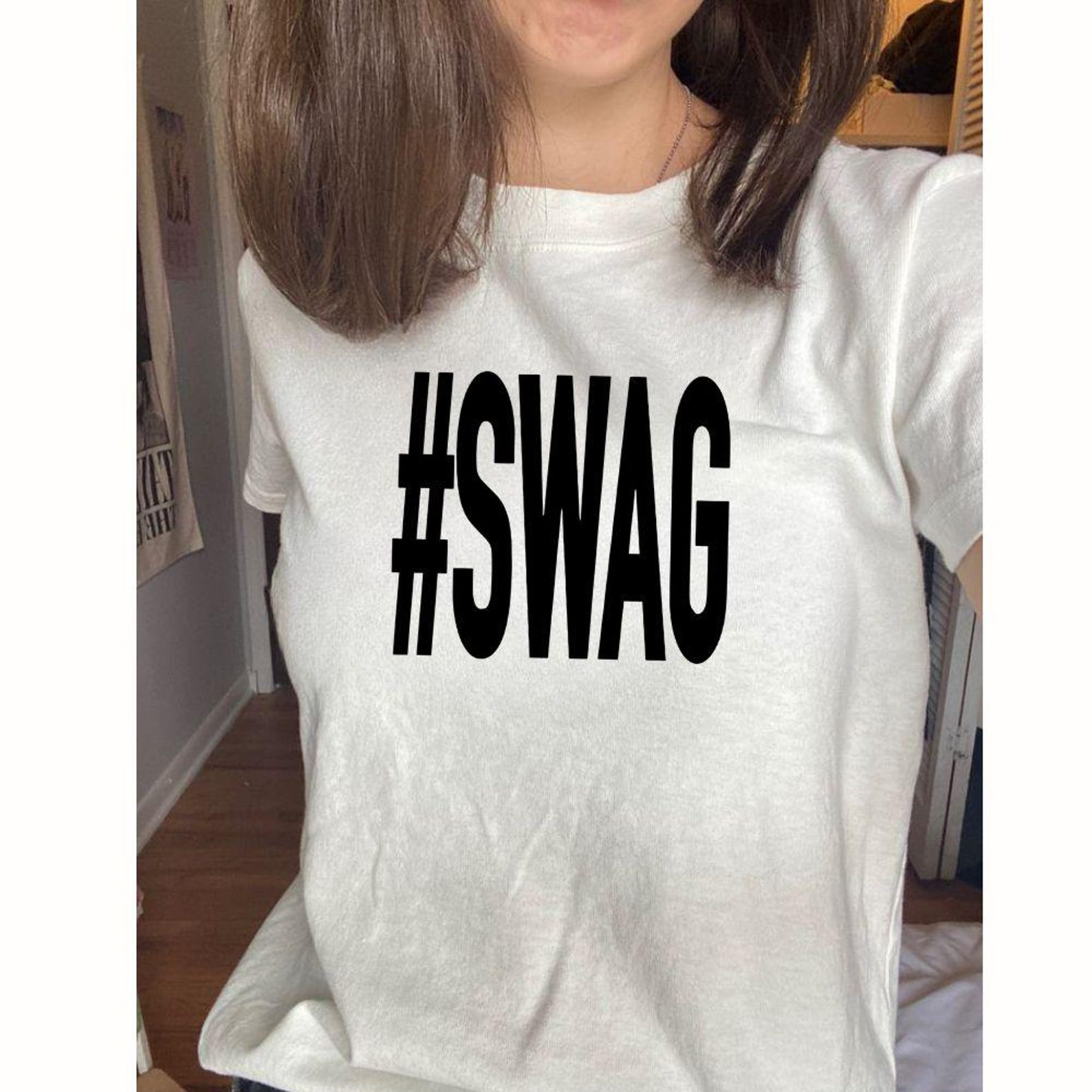 Hashtag Swag Shirt | Retro Y2K Text T-Shirt | Bold Block Letter Graphic Tee | Humorous Minimalist Swag Top S