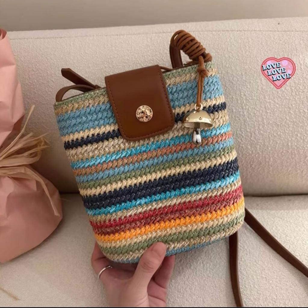 Rainbow Striped Woven Bucket Bag Women'S Summer Seaside Beach Bag Ethnic Style Shoulder Messenger Bag