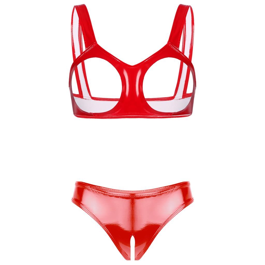 Womens Patent Leather Lingerie Suit Underwear Wide Shoulder Straps Open Cups Bra Tops with Open Crotch Briefs