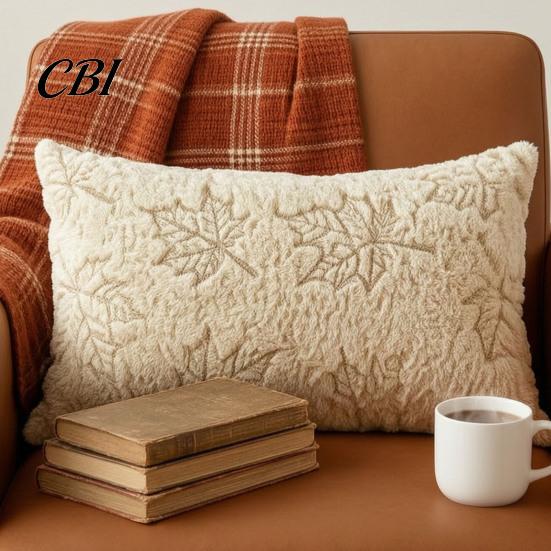 Cream Tone Bedding Accessories Fall Plush Cushion Cover, Pumpkin Maple Leaf Embroidery Throw Pillow Soft Skin Friendly Cases Autumn Farmhouse Case for