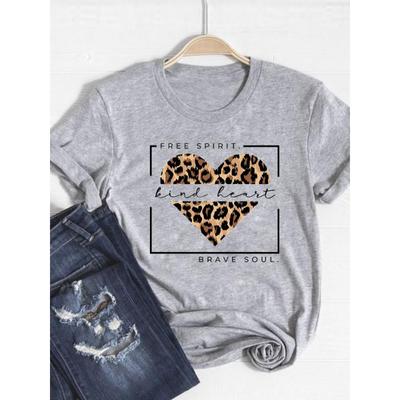 T-shirt Base Abbigliamento Donna Vestiti Stampa T-shirt Leopardo Cuore d'Amore Tendenza Carino Top Estivo Moda Manica Corta T-shirt Grafica
