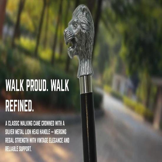 Silver Lion Head Walking Cane – Handmade Brass Handle, Gentleman's Stick
