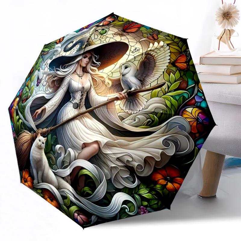 Hexe auf Besen bei Nacht Tragbarer Automatischer Regenschirm Faltbarer Regenschirm mit 8 Speichen Langlebiger Kunststoff & Eisen für Damen/Herren Eleganter Damenschirm