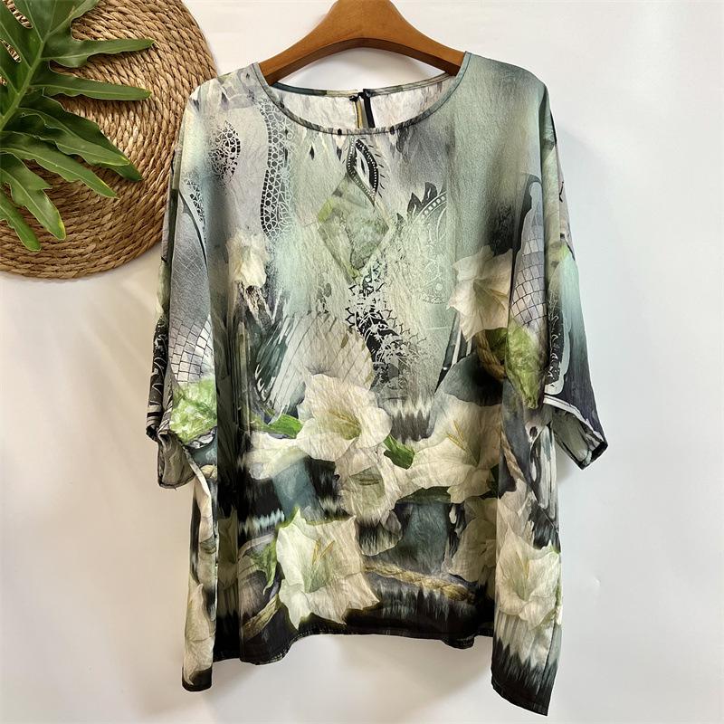 Letnia bawełniana lniana bluzka w stylu etnicznym z luźnym dużym rozmiarem, z okrągłym dekoltem, damska koszulka z krótkim rękawem