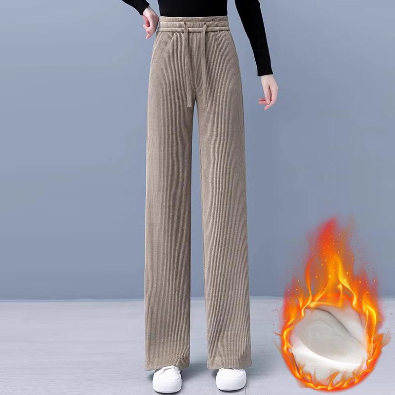 Wide-leg Pants Women's Autumn and Winter Fleece Thickened Loose and Thin Extra Large-size Women's Straight Casual Trousers