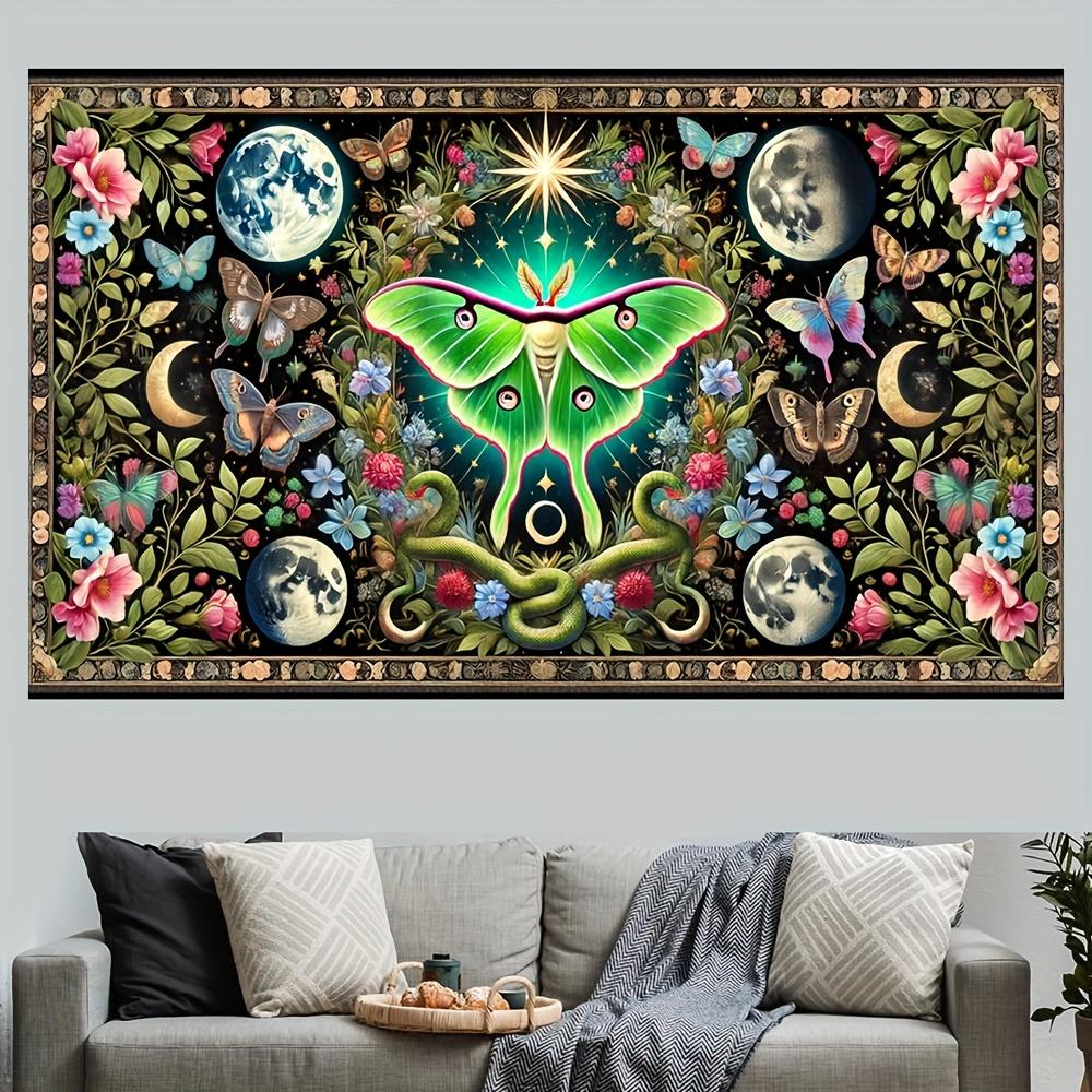 Luna Moth Wall Tapestry Cosmic Butterfly Art Moon Phases Floral Pattern Mystical Nature Decor Boho Living Room Wall Hanging