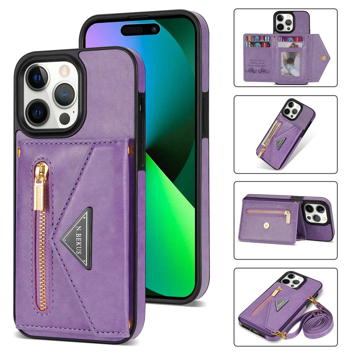

N.BEKUS For iPhone 16 Pro Max Leather Zipper Case Card Holder Phone Cover with Shoulder Strap Purple