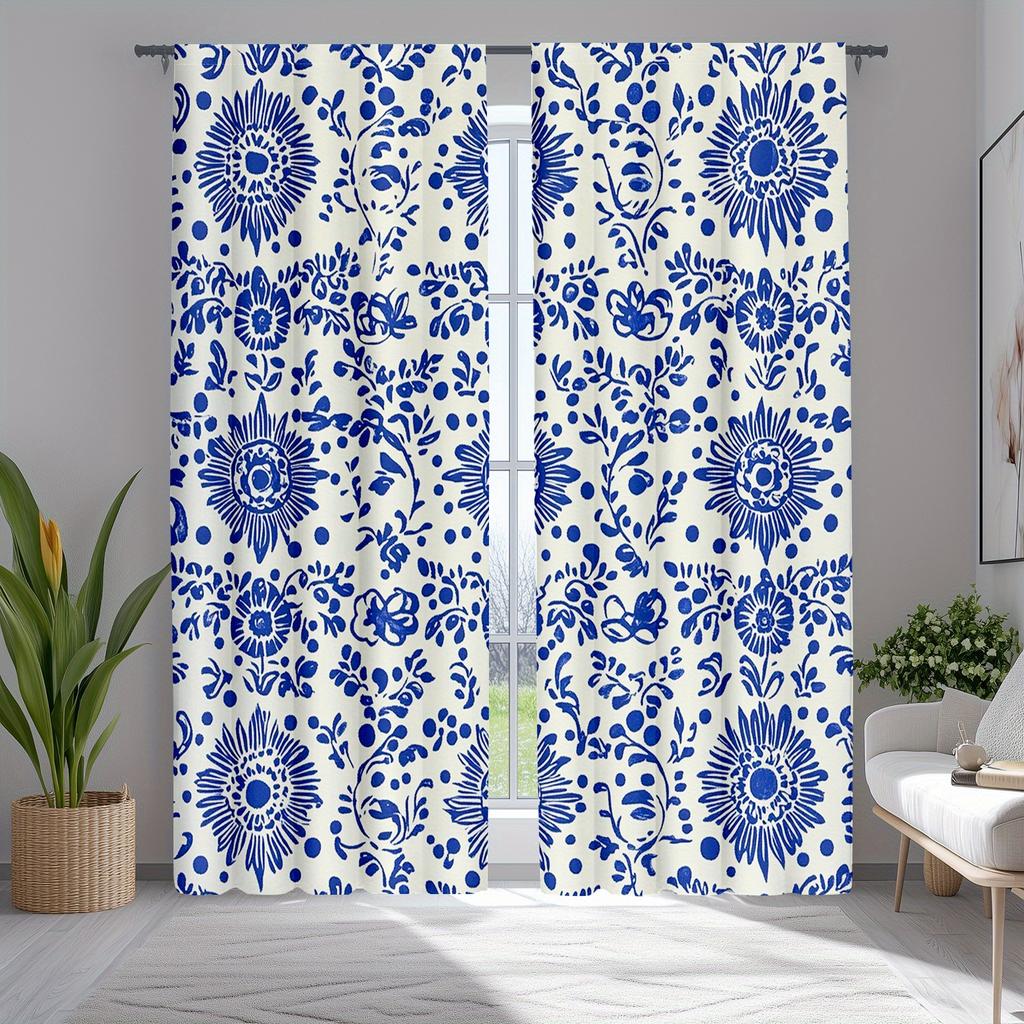 2pcs Traditional Mexican Floral Talavera Curtains   Polyester Semi-Sheer Panels   Machine Washable   Rod Pocket Hanging   Woven Fabr