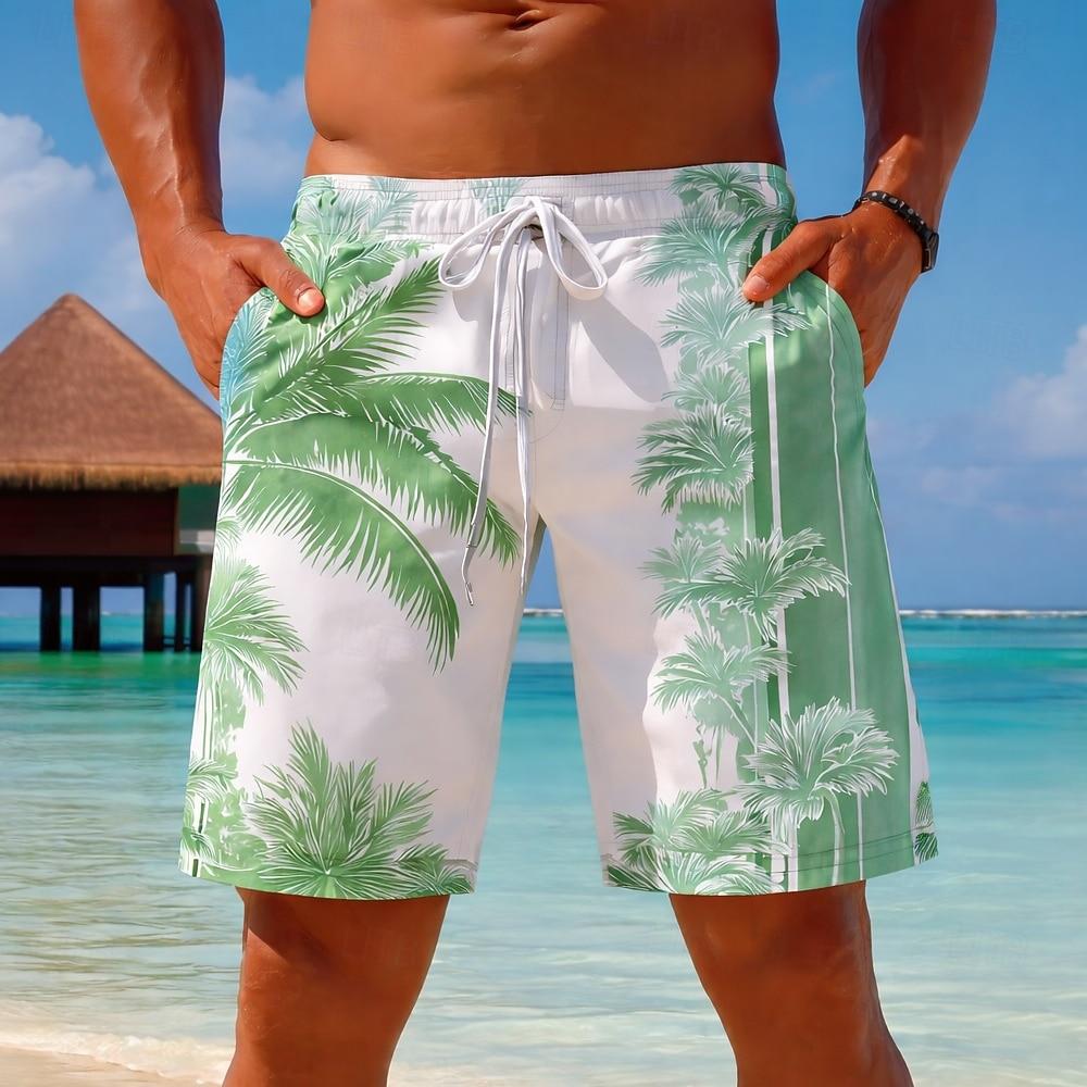 Men's Coconut Plant Casual Shorts Mid Waist Hawaiian Vibe Drawstring Waist Side Pockets Holiday Wear for Spring & Summer