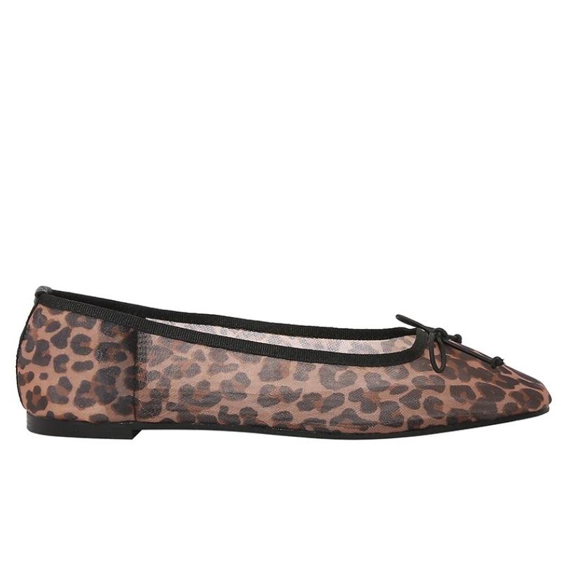 Fashion Cozy Mesh Leopard Print Ballet Flats Women Sexy Round Toe Bow Decoration Brand Designer Shoes Fashion Soft-sole Mary Jane Shoes